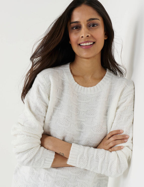 Pull col rond, maille fantaisie en laine m&eacute;lang&eacute;e (&eacute;cru)