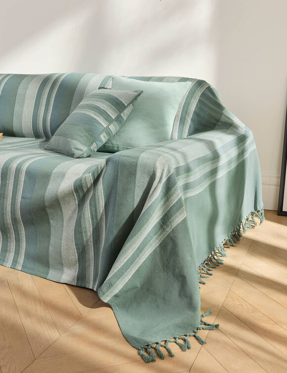Plaid jet&eacute; multicolore coton tissage artisanal (eucalyptus)