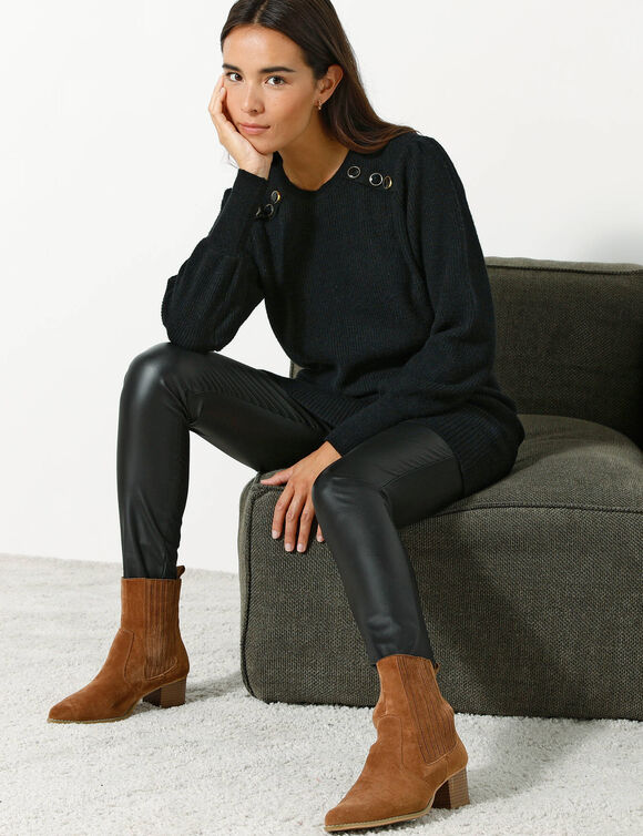 Pull tunique boutons fantaisie toucher doux (noir)
