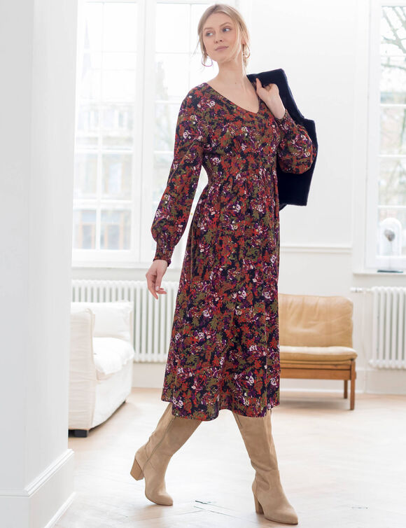 Robe midi imprimée, viscose fluide (marine / paprika)