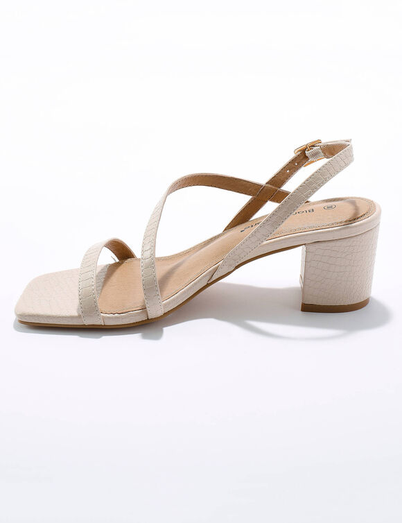 Sandalen met fijne riempjes, kroko-effect en vierkante hak (crème)