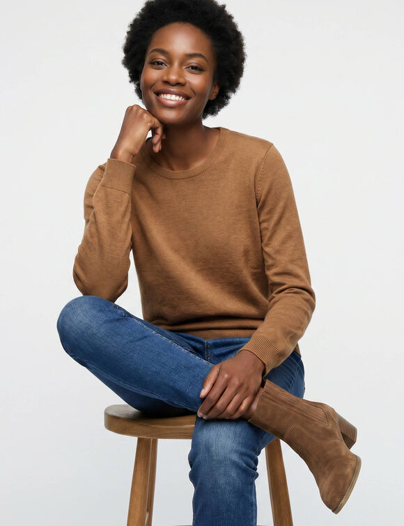 Pull col rond uni, manches longues, toucher doux (noisette)