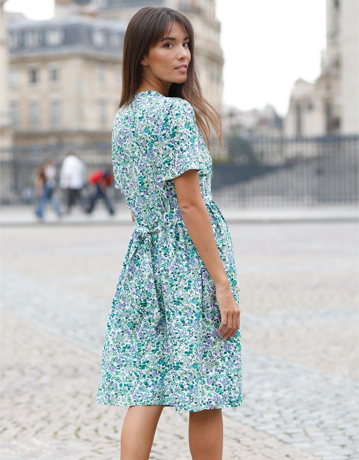 Robe fluide boutonnée imprimée (vert / bleu)