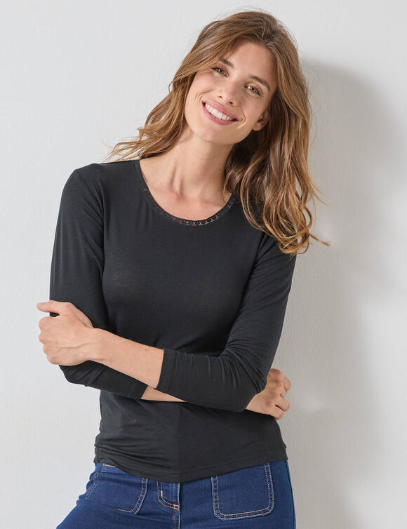 T-shirt chaleur manches longues en laine mélangée (noir)