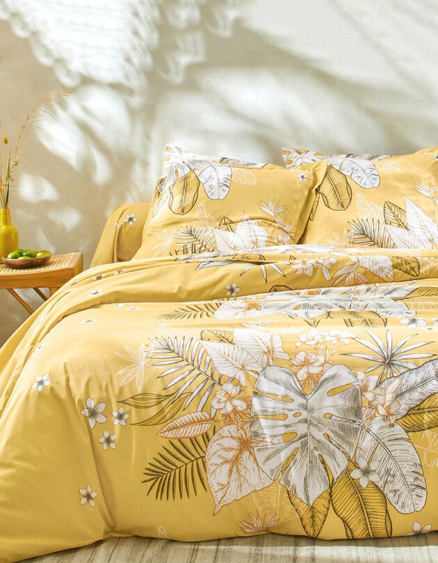 Linge de lit Elyse en coton imprimé fleurs et feuilles de palmes, miel, hi-res
