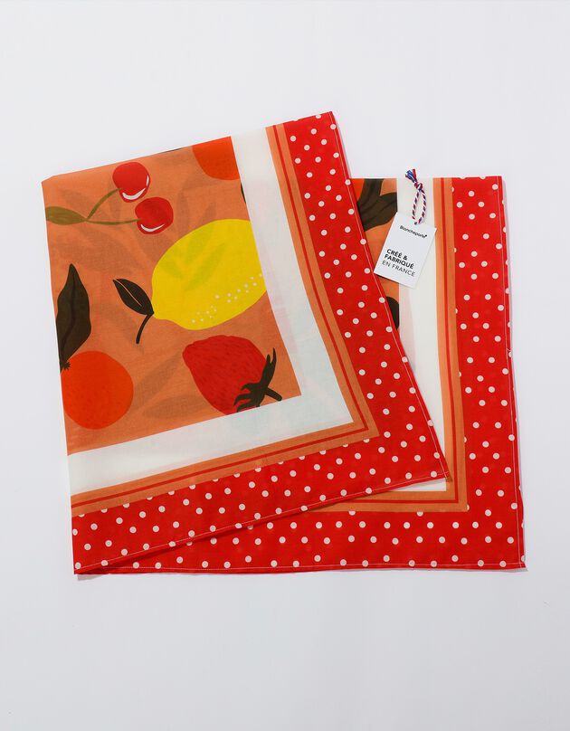 Foulard fabriqué en France imprimé fruits, 100 x 100 cm  - coton (rouge)