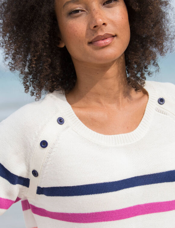 Pull marini&egrave;re manches longues ray&eacute; (&eacute;cru / violine)