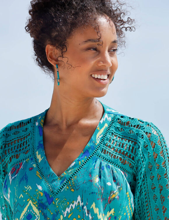 Tunique ample imprimée, détails macramé (émeraude)