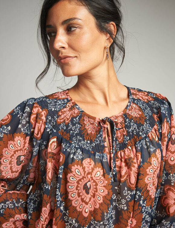 Blouse en voile, imprimée (marine / corail)
