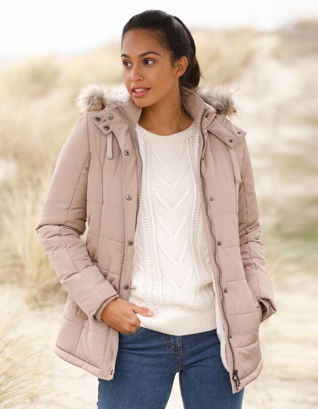 Doudoune à capuche imperméable, doublée maille peluche (taupe clair)
