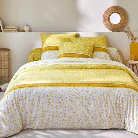 Linge de lit Constance en coton imprimé feuilles (jaune)