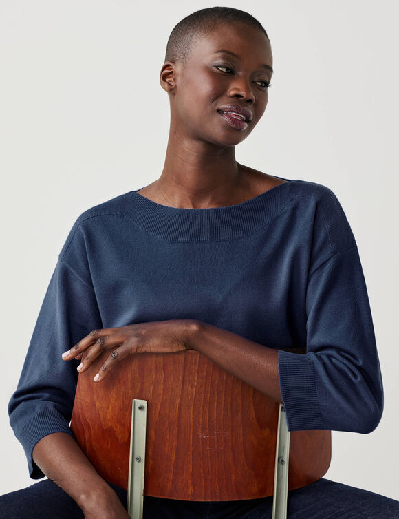 Pull col bateau manches 3/4, toucher doux (marine)