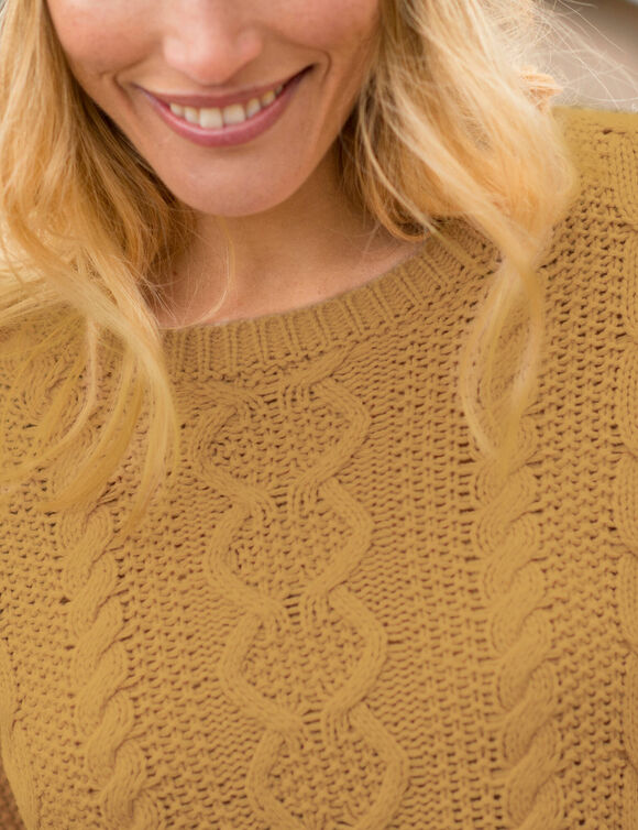 Pull col rond, maille torsad&eacute;e (curry)