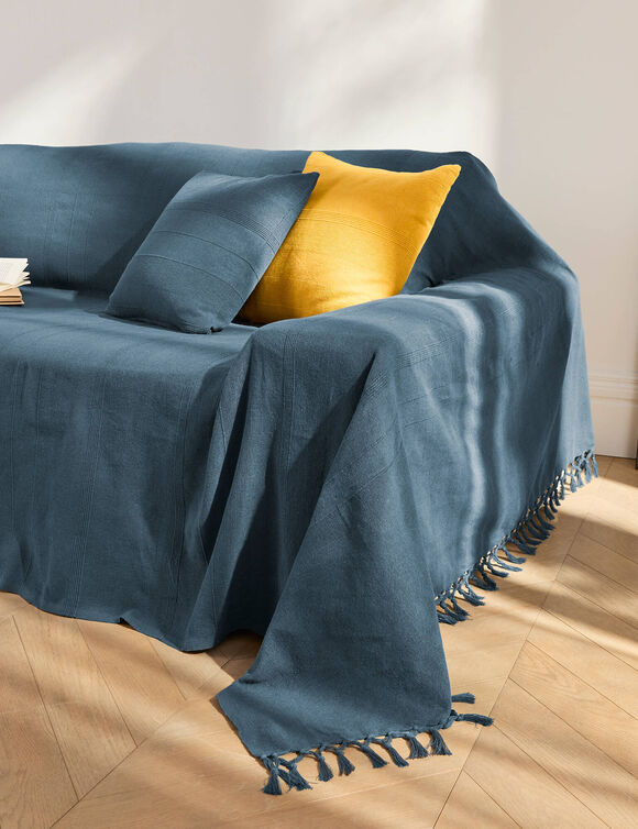 Plaid of sprei, effen katoen met artisanaal weefsel (marineblauw)