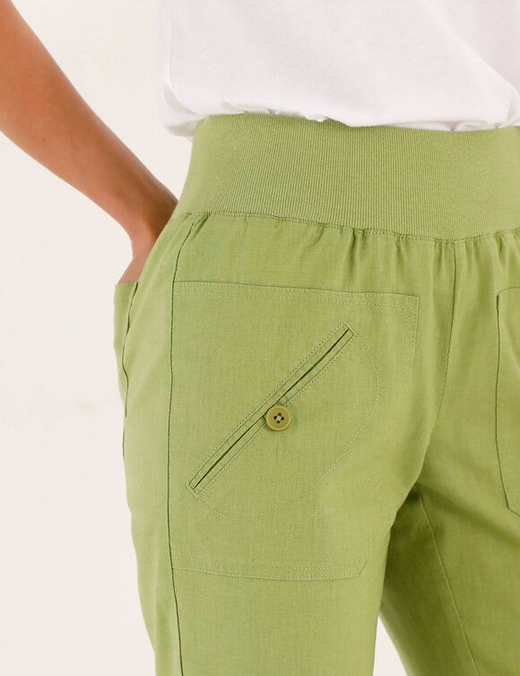 Pantalon droit 7/8&egrave;me, taille &eacute;lastiqu&eacute;e, lin coton (vert gris&eacute;)