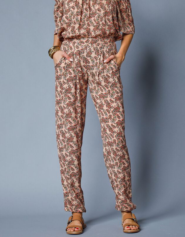 Bedrukte, rechte broek in crepon (beige)