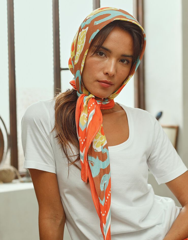 Foulard fabriqué en France imprimé fleurs, 98x98 cm, coton biologique, collection "Odette Lepeltier" (chocolat / safran)