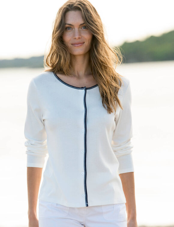 Cardigan boutonné bicolore (écru / marine)