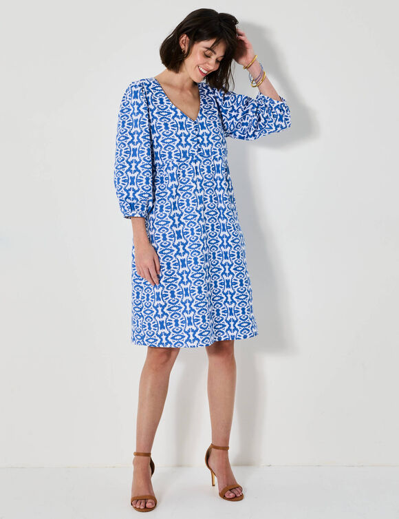 Robe courte évasée, imprimé ikat (bleu / blanc)