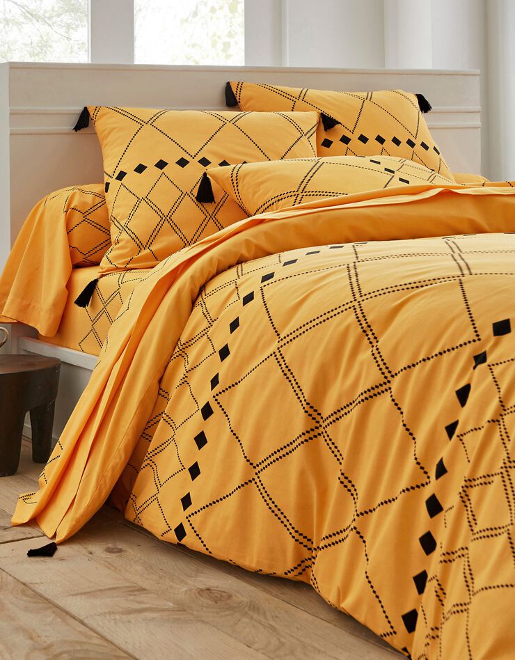 Linge de lit Massai coton à motifs graphiques et finitions pompons (curry)
