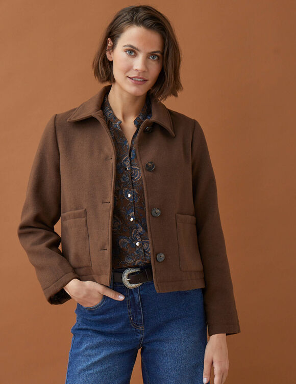 Veste paletot effet drap de laine, boutonn&eacute;e (marron)