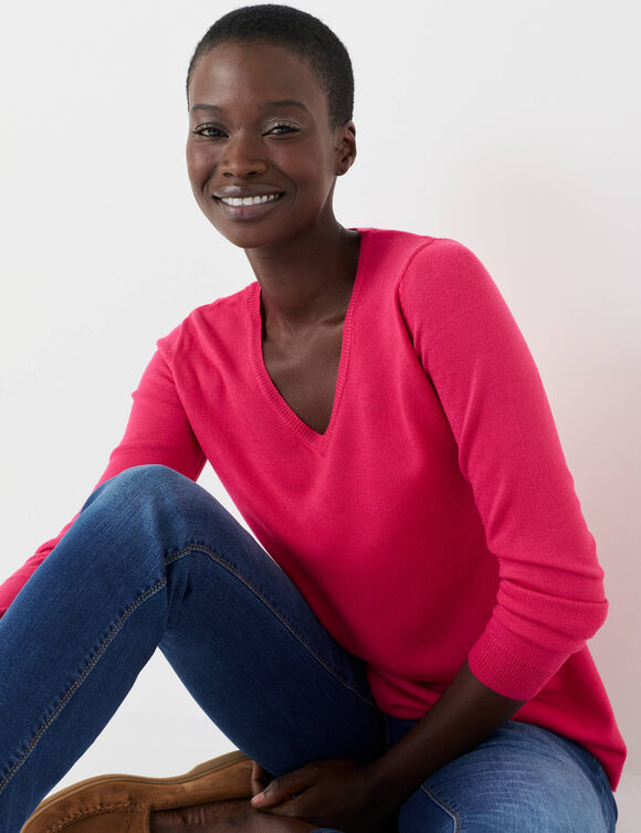 Pull col V, toucher doux (rose fuchsia)