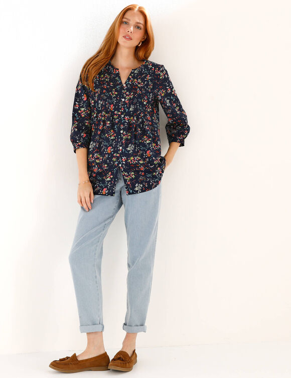 Tunique boutonn&eacute;e &agrave; plis imprim&eacute; fleuri (marine)