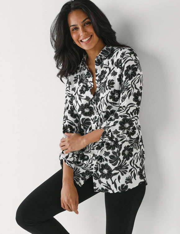 Chemise liquette imprimé floral bicolore (écru / noir)
