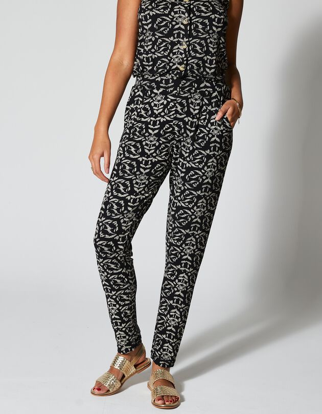 Nauwsluitende broek in soepel, bedrukt tricot, elastische taille (zwart / ecru)