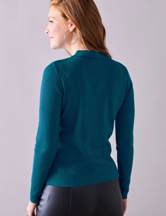 Pull col polo, maille côtelée (bleu canard)