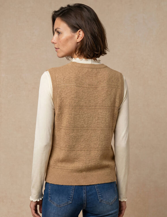 Pull col rond, sans manches, maille fantaisie (caramel)