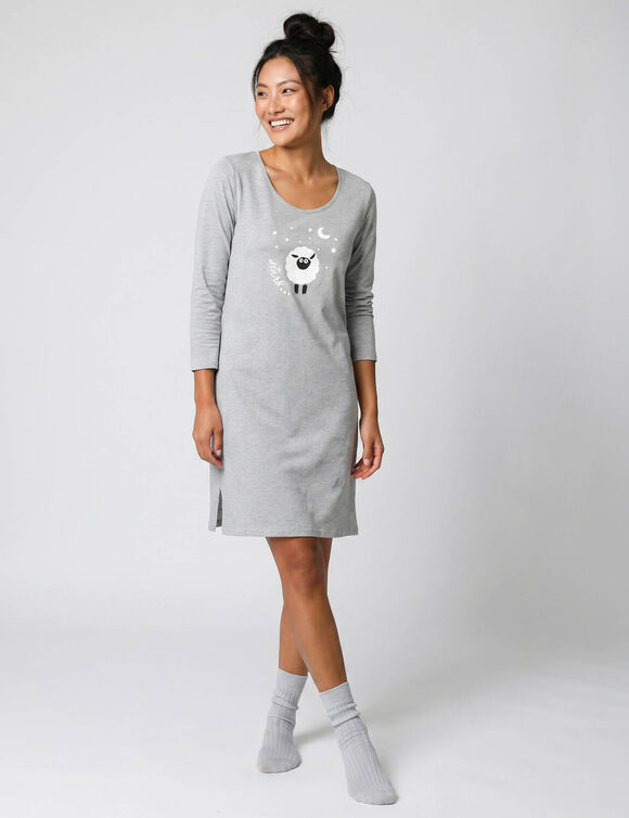 Chemise de nuit courte manches longues imprim&eacute; mouton (gris chin&eacute;)