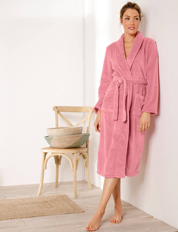 Peignoir in fleece met pluchetouch - 115 cm lang, lange mouwen (poederroze)