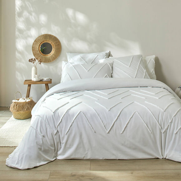 Linge de lit Amezia finition tuft&eacute; en relief - coton lav&eacute; 57 fils/cm&sup2; (blanc)