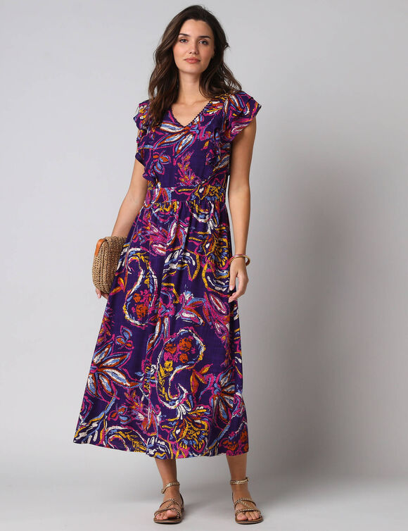 Robe imprim&eacute;e manches volant&eacute;es (paars)