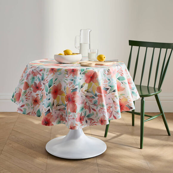 Tafellaken in toile cir&eacute;e met hibiscusbloemenmotief (koraal)