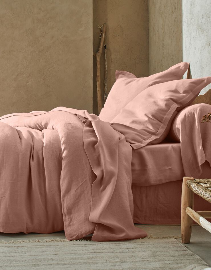 Bedlinnen in effen gewassen linnen (roze)