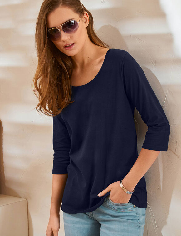 T-shirt manches 3/4 uni, coton (marine)