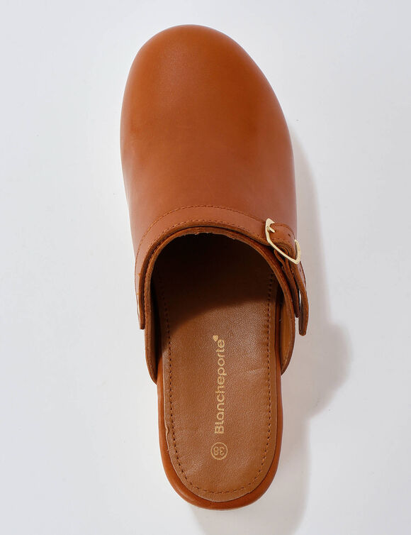 Klompen met hak, in leer en hout (karamel)