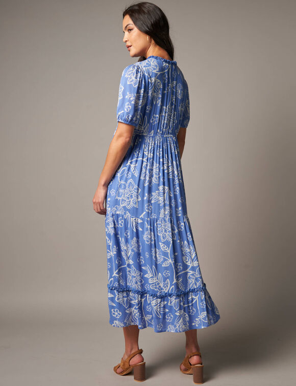 Robe longue volant&eacute;e imprim&eacute;e (bleu / &eacute;cru)