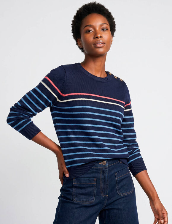 Pull col rond ray&eacute; marini&egrave;re, boutons &eacute;paule (marine / bleu)