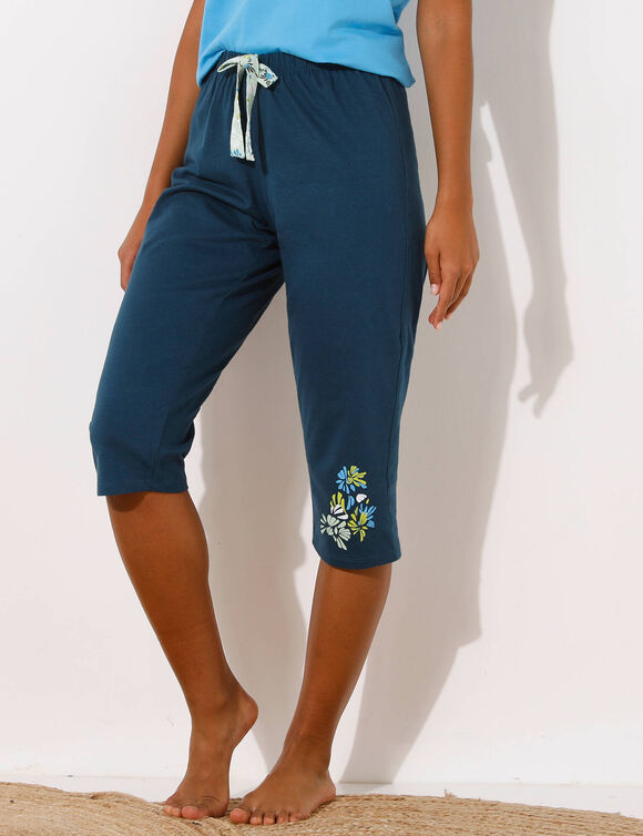 3/4-pyjamabroek met geplaatste bloemblaadjesprint (donkerblauw)