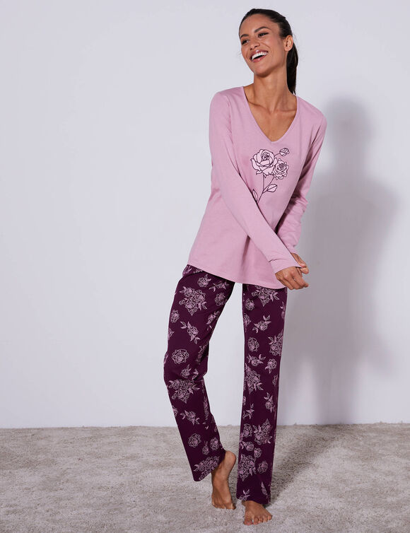 Pyjama en coton manches longues imprimé roses (prune / rose)
