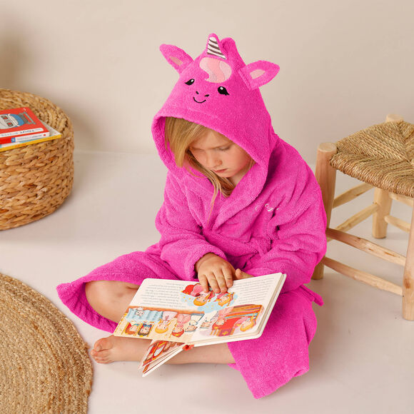 Peignoir de bain enfant personnalisable licorne &agrave; capuche (fuchsia)