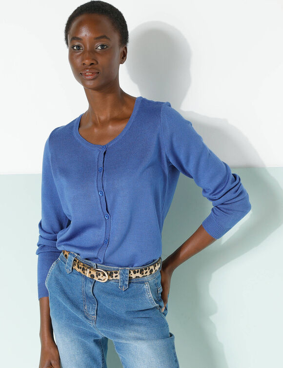 Cardigan boutonné col rond uni, toucher doux (bleu dur)