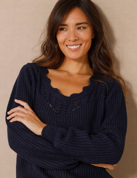 Pull détails ajourés, maille perlée (marine)