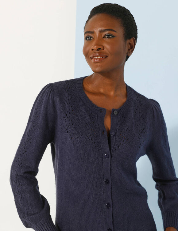 Cardigan col rond, maille ajourée (marine)