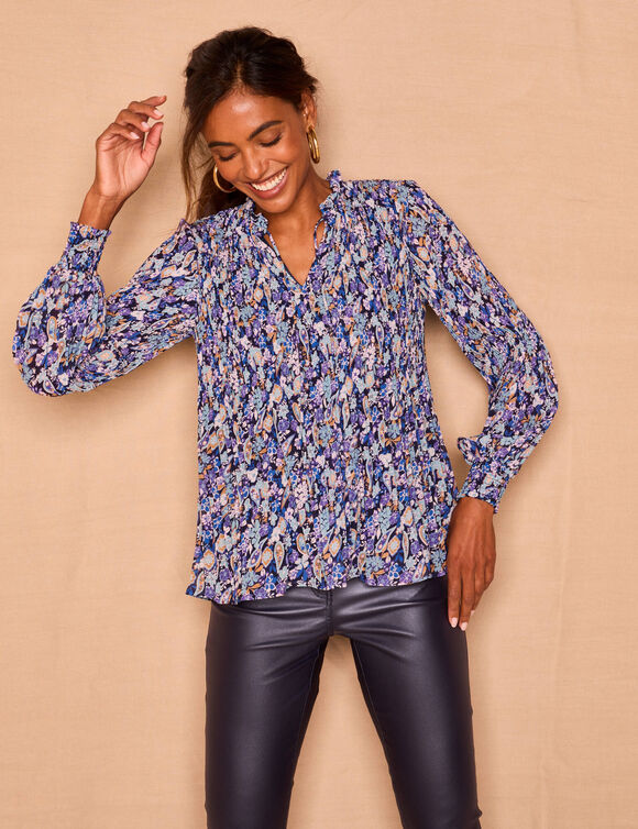 Blouse plissée imprimé fleuri, voile (marine / bleu)