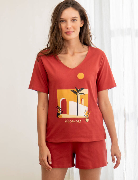 Pyjama short coton imprim&eacute; "vacances" manches courtes  (tomette)