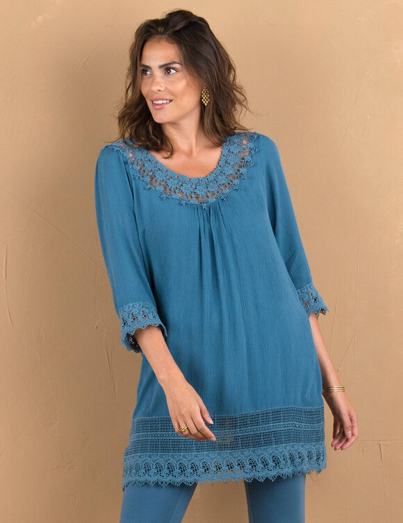 Lange tuniek met macramé en 3/4-mouwen (grijsblauw)